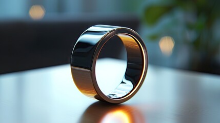 Close-up of a modern, sleek, circular, wearable technology ring.