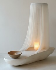 Ethereal ritual niche with floating gauze canopy, ceramic incense bowl, and soft glowing niche light Sacred Sleep Space Design Mystic Minimal Wellness Corner