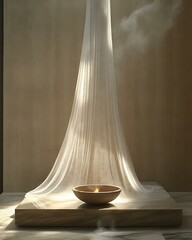 Ethereal ritual niche with floating gauze canopy, ceramic incense bowl, and soft glowing niche light Sacred Sleep Space Design Mystic Minimal Wellness Corner