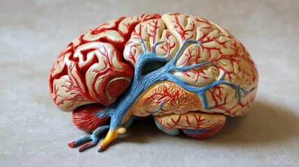 Close-up of a human brain model highlighting vibrant neural pathways representing cognitive response, neural activity, and mental function, ideal for educational materials, scientific visualizations, 