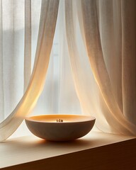 Ethereal ritual niche with floating gauze canopy, ceramic incense bowl, and soft glowing niche light Sacred Sleep Space Design Mystic Minimal Wellness Corner