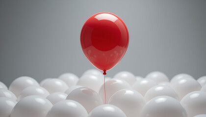 A single red balloon floating among white balloons, stand out from the crowd concept image 