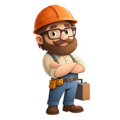Cartoon construction worker with tools and case