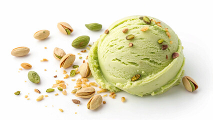 A single scoop of delightful pistachio ice cream surrounded by fresh, natural pistachios
