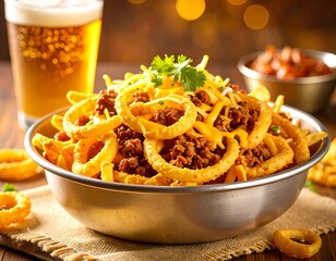 Frytki karbowane z serem nacho i chili con carne w metalowej misce