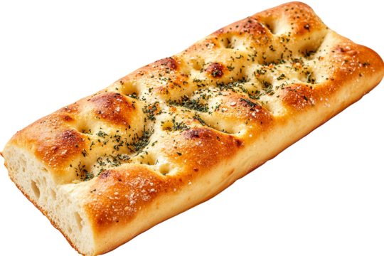 Golden-crust artisan Italian focaccia bread with rosemary and sea salt, ultra-high-resolution PNG cutout on transparent background ideal for bakery menus, packaging mock-ups and food blogs