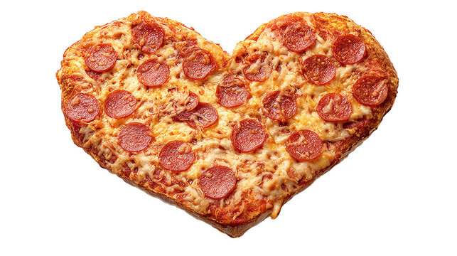 Heart shaped pepperoni pizza for love day on transparent background