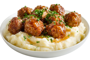 Fried meatballs served on creamy mashed potatoes — ultra-high-resolution transparent PNG cutout ideal for restaurant menu design, food packaging mock-ups and culinary blogs
