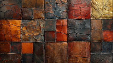 Artistic patchwork leather texture in mixed earthy tones and sewn borders.