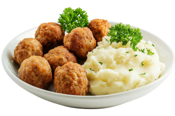 Fried meatballs served on creamy mashed potatoes — ultra-high-resolution transparent PNG cutout ideal for restaurant menu design, food packaging mock-ups and culinary blogs