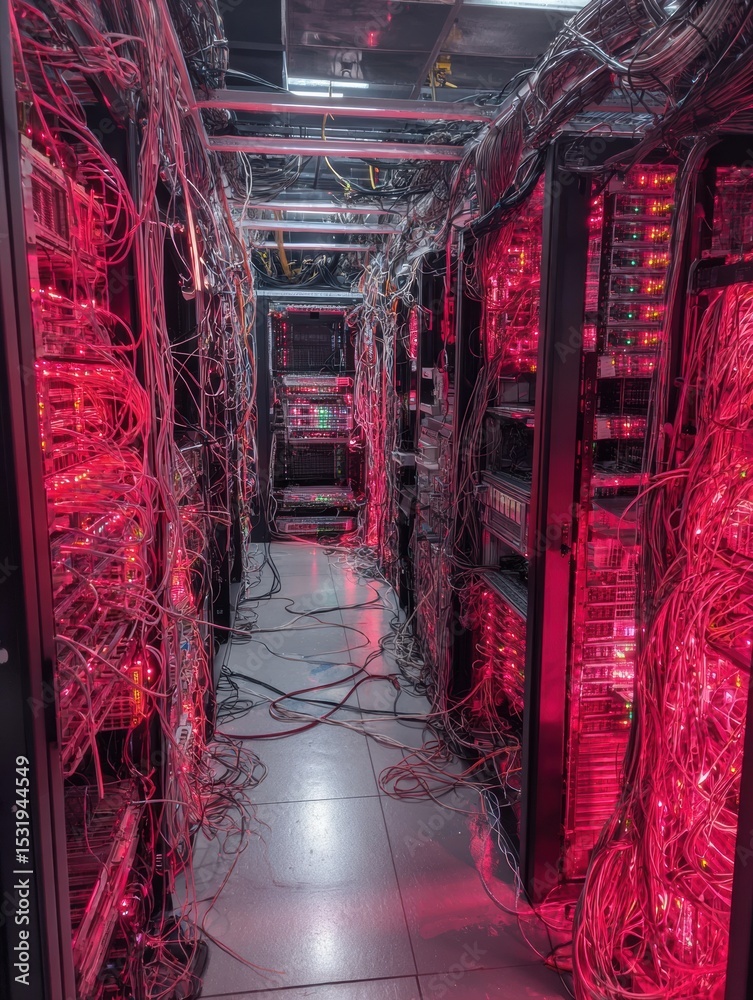 Leinwandbilder overloaded server room filled with blinking red lights and organized cabling layout in a technology 