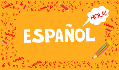 Espanol. Translation "Spanish".   Сoncept of learning spanish language. "Hola" Translate: "Hello" Language education. Distance education, remote school, Spain university.  Vector  illustration © Semiletava Hanna