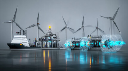 Wind energy used in the industry of factories, machines and technologies. Green energy for clean and sustainable environment. 