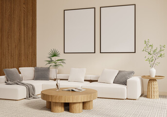 Double vertical frames mockup above white sofa in modern living room &ndash; wide front view