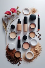 Artistic arrangement of makeup products including foundations, lipsticks, and floral elements on a flat surface, highlighting beauty essentials and creative design