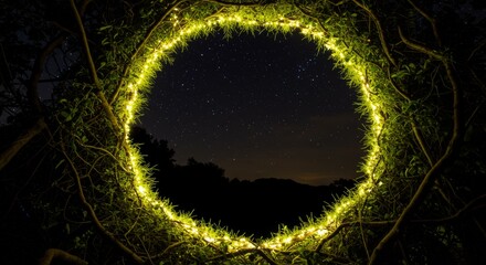View through a circular opening of illuminated tree branches and leaves, revealing a starry night sky above a dark forest horizon.