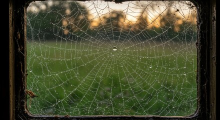Detailed spider web covered in sparkling dew drops framed by a window at sunrise, with a blurry field background. Ethereal nature scene.