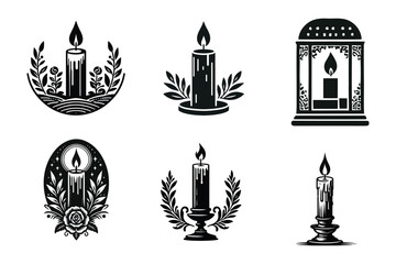 Set of six elegant black and white candle illustrations with decorative floral elements