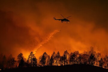 Helicopter spraying water on wildfire in forest at night, with orange sky and burning trees in background
