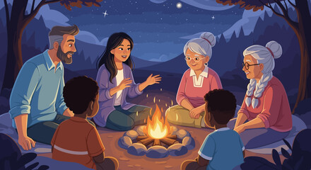 Family Campfire Storytelling Night – Cartoon Vector Illustration