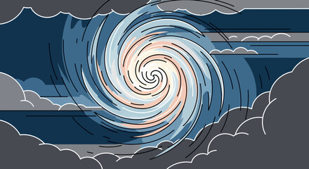 Illustration of a Powerful Hurricane in the Sky – Swirling Storm with Clouds and Wind Lines