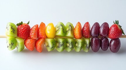 A vibrant fruit skewer displays kiwi, strawberries, a mango, and grapes, arranged in a colorful, segmented pattern on a light background