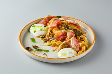 Gourmet Pasta with Ham and Cheese Mousse Minimalist Elegance in Culinary Photography