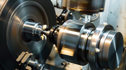 Close-up of precision turning operation on a CNC lathe, showcasing a metal workpiece being meticulously shaped with micron-level accuracy