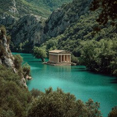 Naklejka premium Ancient temple on turquoise lake, green hills