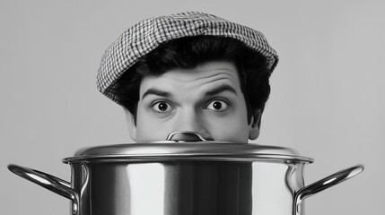 Monochrome close-up of a man's surprised face peeking from a large pot, wearing a patterned flat cap