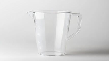 A clear plastic pitcher with a handle, measurements on the side, and a wide mouth, on a white background