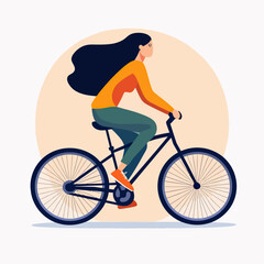 Woman riding bicycle minimalist flat vector illustration with long hair casual outfit and orange shoes side view urban cycling concept