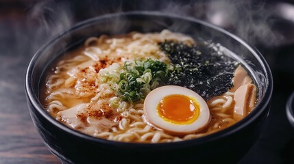 Steaming bowl of ramen noodles with sliced meat, a soft-boiled egg, seaweed, and green onions in a dark bowl on a wooden surface