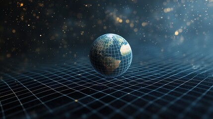 A digital globe with grid lines floats above a dark, futuristic grid plane, symbolizing global connectivity and advanced technology in a space-like environment.