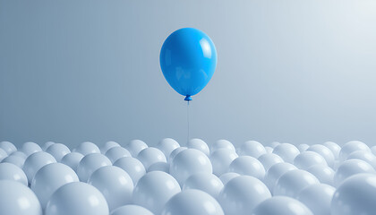 A single blue balloon floating among white balloons, stand out from the crowd concept picture