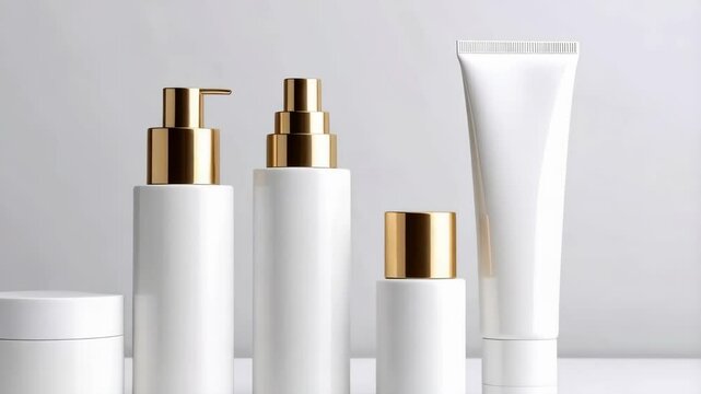 Assortment of white unlabeled cosmetic containers with gold accents on a clean white backdrop for beauty product advertising and branding.