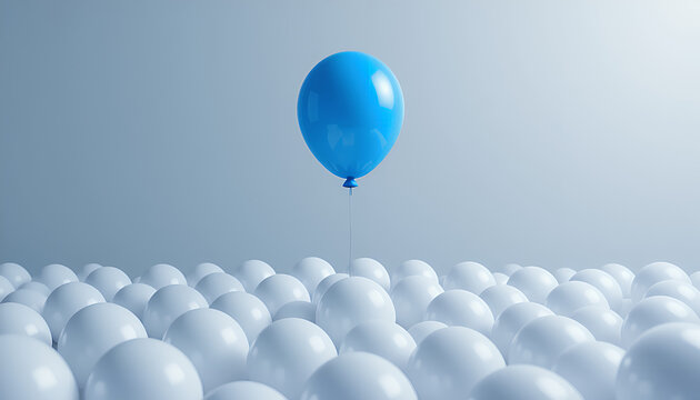 A single blue balloon floating among white balloons, stand out from the crowd concept picture