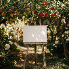 Blank canvas on easel stands in lush apple orchard, surrounded by ripe apples and vibrant green leaves, creating serene and inspiring atmosphere