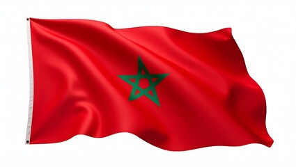 Photorealistic flag of Morocco. Red field with centered green five-pointed star. Isolated on white background. Suitable for educational, editorial, or cultural design uses.