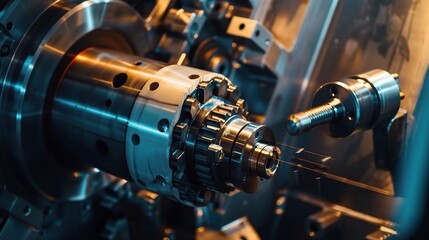 Close-up of precision turning operation on a CNC lathe, showcasing a metal workpiece being meticulously shaped with micron-level accuracy