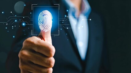 Close-up of a digital fingerprint on a person's thumb against a dark background, symbolizing biometric data security and scanning technologies. - Powered by Adobe
