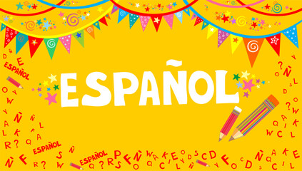 Espanol. Translation "Spanish".  
Сoncept of learning spanish language. Distance education, remote school, Spain university. Travel to Spain. Spanish Language Day. Postcard. Vector illustration