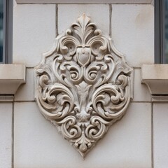 Ornate, light beige stone relief on white brick wall