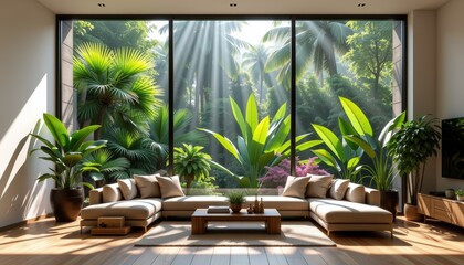 Fototapeta premium a modern living room with large glass windows framing a lush tropical jungle