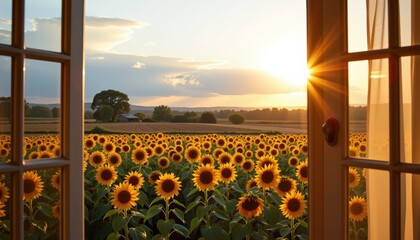 a scenic view from a bedroom window showing a wide open field of sunflowers under golden hour light