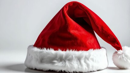 Classic red plush Santa hat with fluffy white trim, soft pompom detail, festive headwear for winter holidays, isolated on bright studio background. - Powered by Adobe