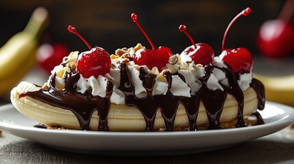 A halved banana topped with whipped cream, chocolate sauce, chopped nuts, and maraschino cherries, served on a white plate