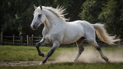 Obraz premium Galloping White Horse in Open Field – Powerful Motion of a Majestic Stallion Captured Mid-Run, Symbolizing Freedom, Strength, and Natural Elegance