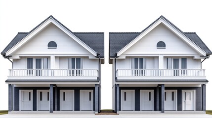 Two identical white and grey houses with grey doors, white balconies, and white railings, against a white background