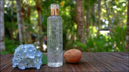 Natural moisturizer water toner herbal extract. Summer exotic banner. 